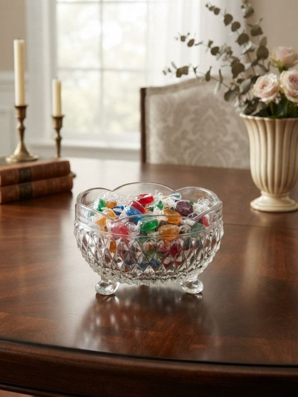 Vintage Indiana Glass Diamond Point Clear 3 Footed Candy Bowl Ruffled Scalloped
